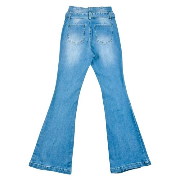 High-Waisted Light Blue Flare Jeans With Tie Belt Women Size 6 - Picture 3 of 9